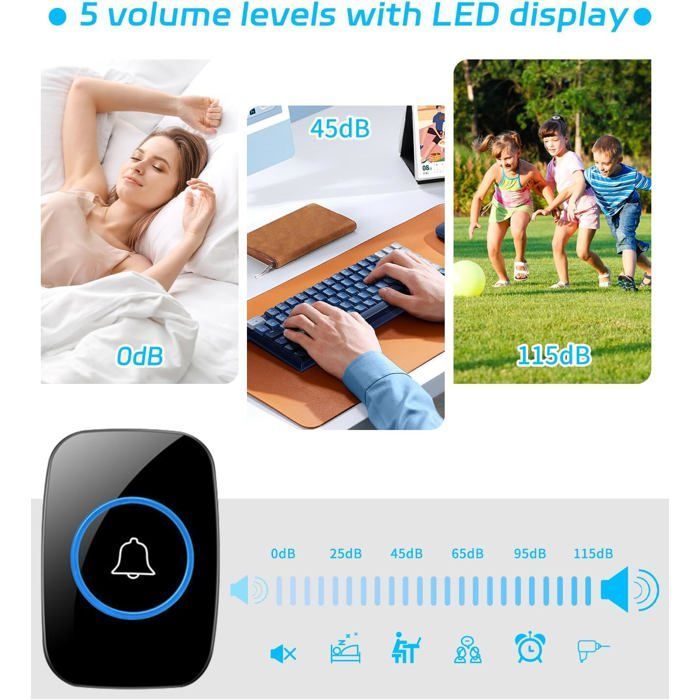 Timbre inalámbrico, 5 niveles de volumen, 60 melodías e indicador LED, alcance de 300 m, un transmisor con un receptor enchufable.