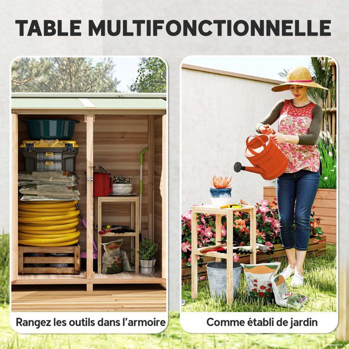 Abri de jardin en bois - Outsunny - avec table à double couche amovible, toit en asphalte imperméable, verrous - effet bois naturel