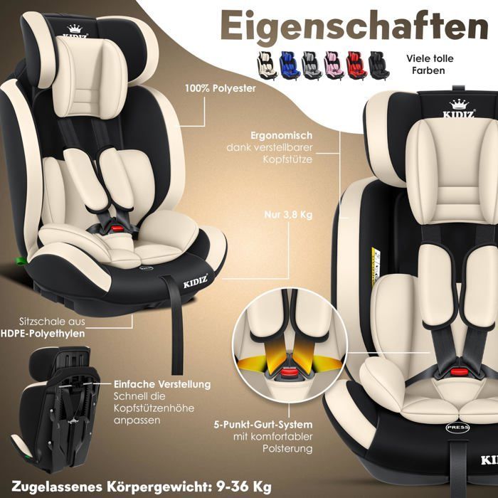 KIDIZ® Siège auto pour enfants et bébé 9-36 kg Groupe 1+2+3 Ceinture de sécurité à 5 Points Appuie-tête réglable et Évolutif Beige