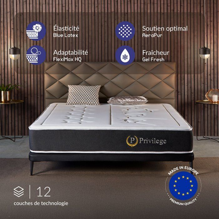 Privilege Matras 180x200 - 25 cm dik - Hoogwaardig veerkrachtig schuim - Blauw latex - Traagschuim, omkeerbaar - 7 zones - Gebalanceerd - Superieur comfort