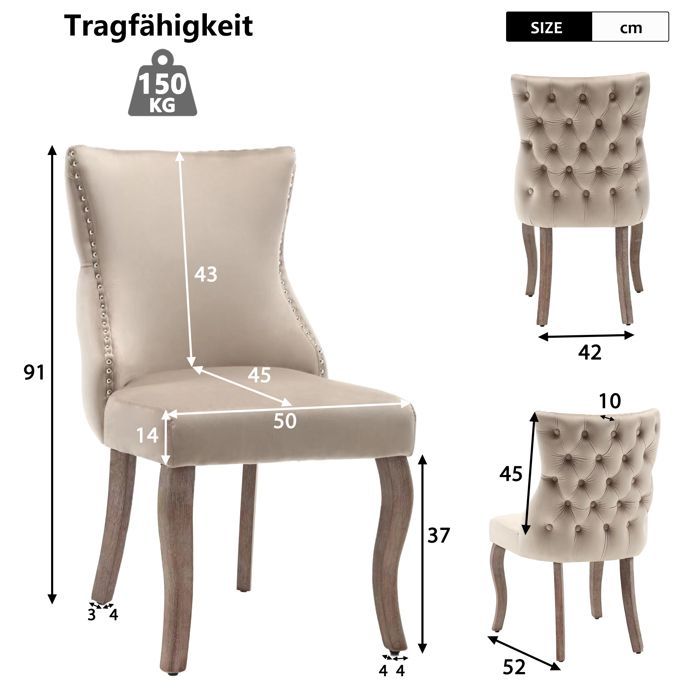 Set of 4 Velvet Dining Chairs - Upholstered Kitchen Chairs - Solid Wood Curved Legs - 50x45x91cm - Beige