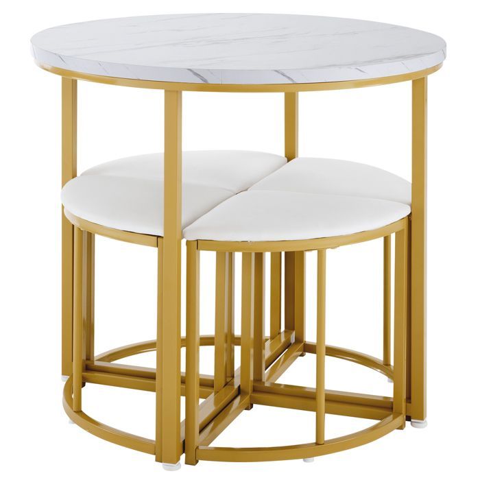 Juego de mesa de comedor blanca con 4 sillas de terciopelo - Tablero de MDF y estructura de hierro dorado, estilo moderno y lujoso.