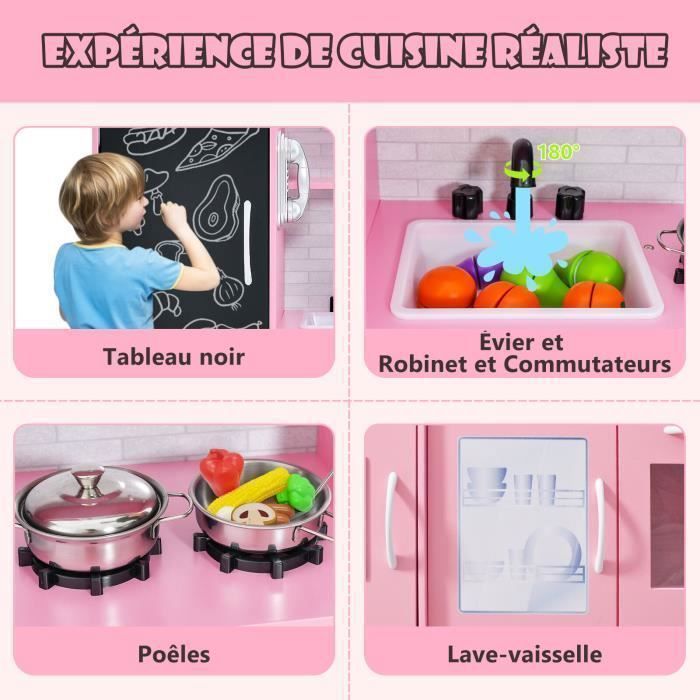 Cocina de madera infantil COSTWAY para niños de 3 a 6 años con teléfono, pizarra, microondas, máquina de hielo y 7 accesorios - Rosa