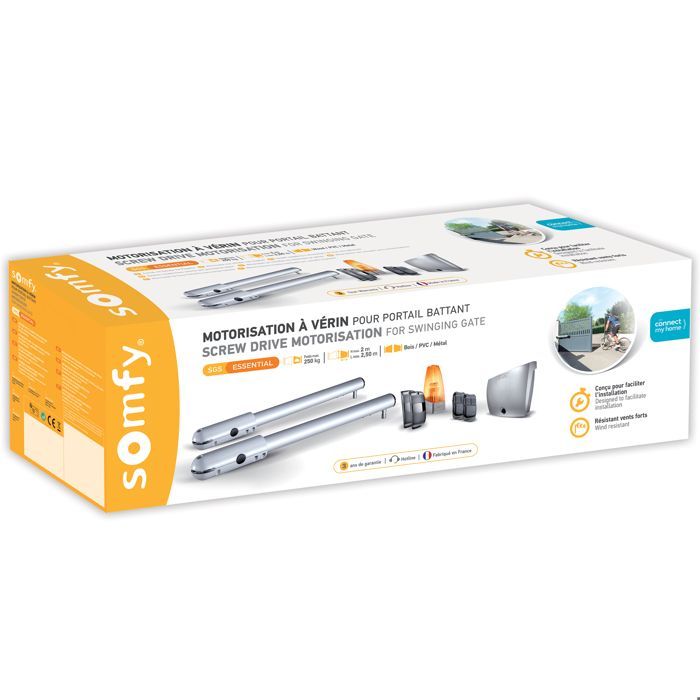 SOMFY 1241525 - Motore per cancello a battente SGS Essential RTS con attuatore - Fornito con 3 telecomandi Keypop, luce arancione e