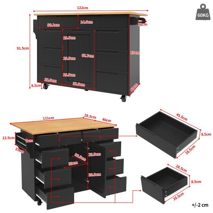 Îlot de cuisine moderne avec espace de rangement, buffet mobile, porte simple avec huit tiroirs, plan de travail rabattable, noir