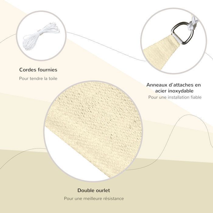 Shade sail - Outsunny - large triangular size 3x3x3 m high density UV resistant - PE - cream