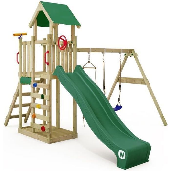 WICKEY MultiFlyer Light wooden play tower with swing, rope ladder and slide, 220 cm, green – 10-year guarantee*