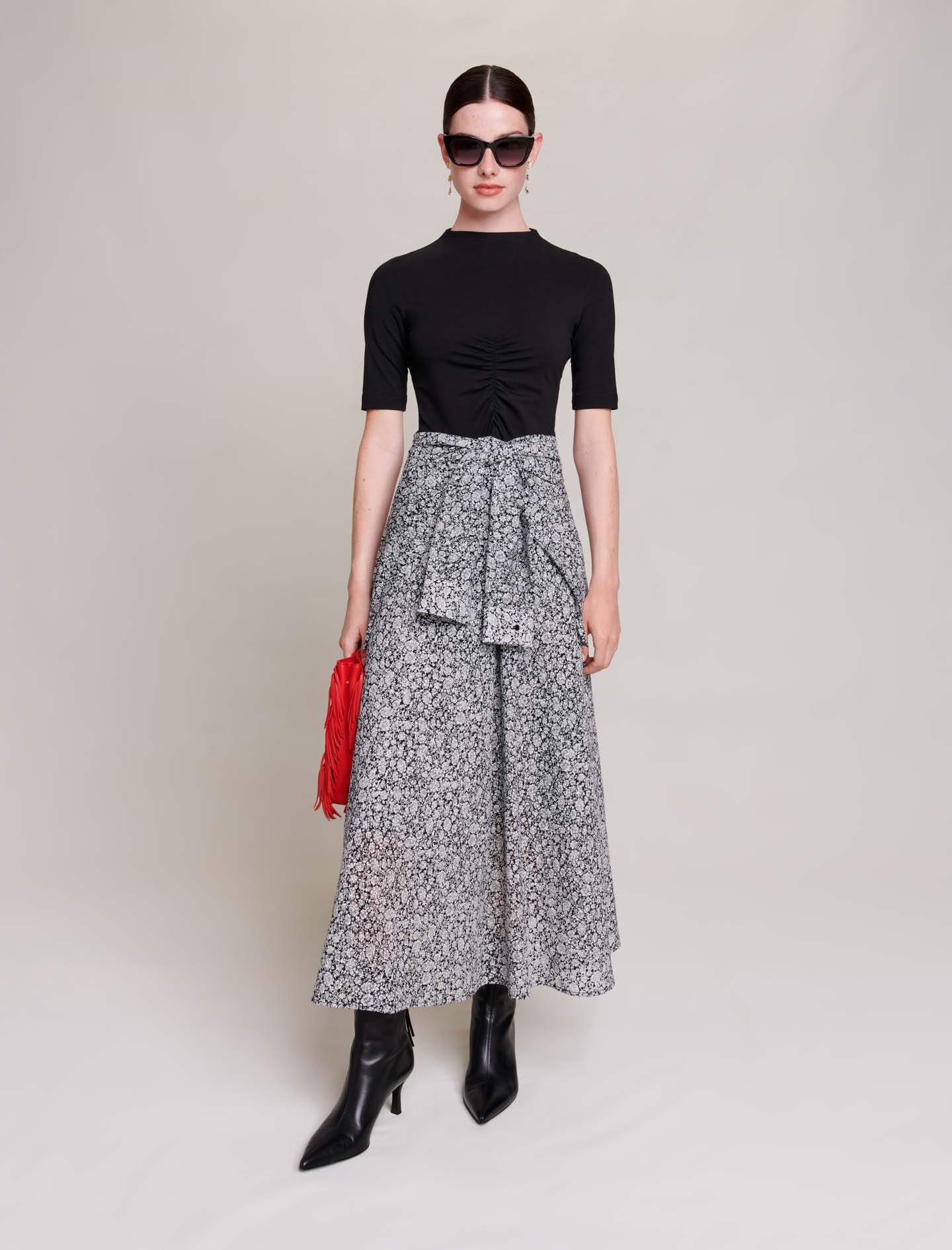 Lange jurk met bloemen - Zwart/Wit