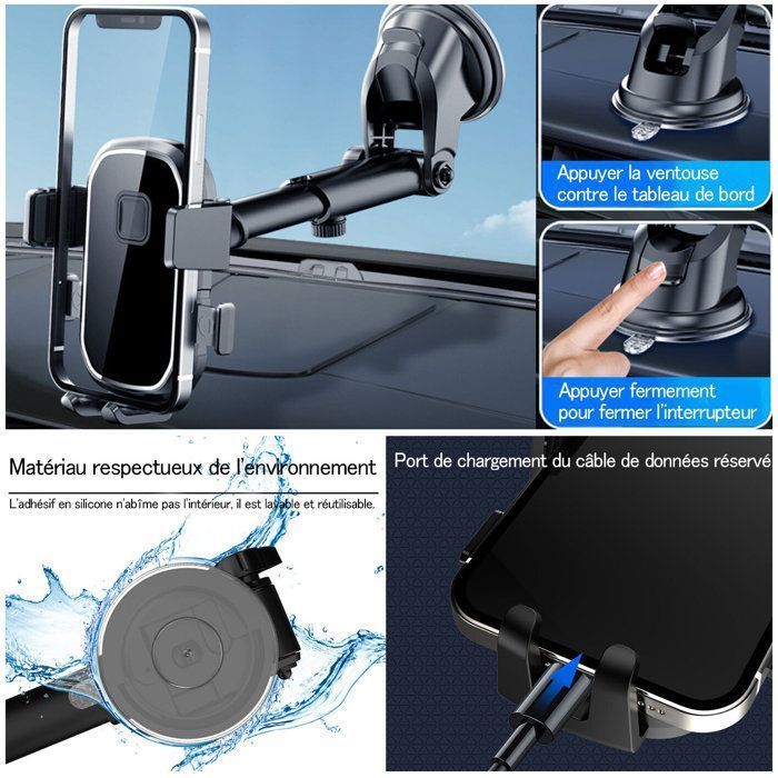 Support de téléphone de voiture. [2 en 1] Pare-brise et bouches d'aération à double fonction, 360°rotation, libre et rétractable