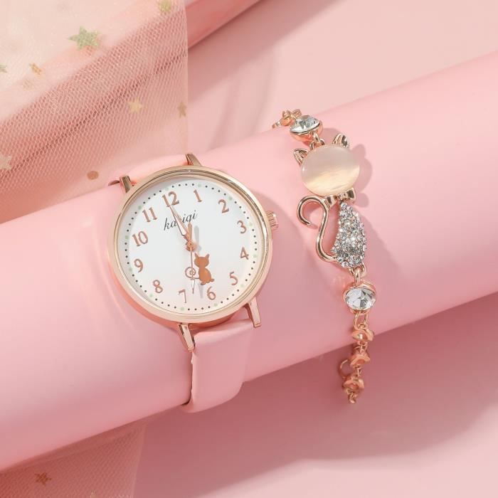 Set orologio e bracciale da bambina - grazioso bracciale alla moda con gatto e cinturino in pelle con strass - Regalo di Natale