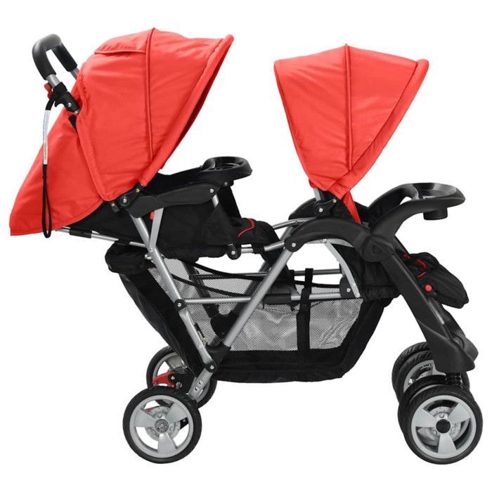 VIDAXL Double Stroller in Red and Black Steel - For Children 6 to 36 Months - Folding Canopies and Large Basket
