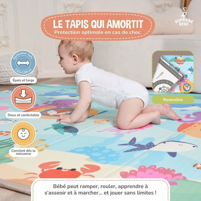 Tapis d'éveil pliable réversible et imperméable - 180x150x1cm | Tapis de jeu enfant en mousse - SEA | SUPERBE BEBE
