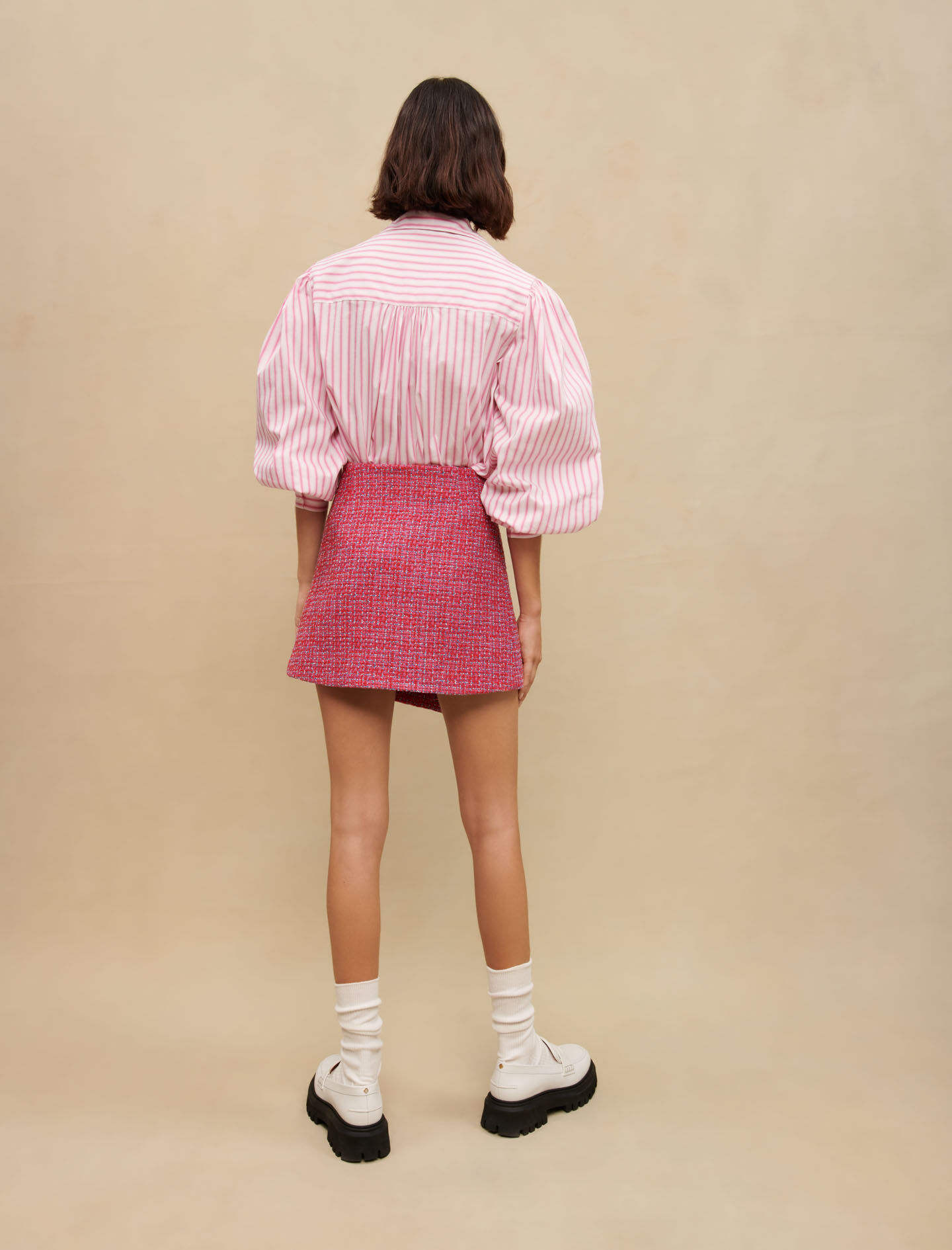 Fustă petrecută din tweed - Fuchsia