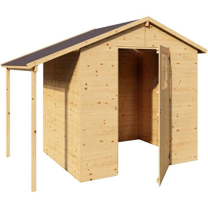 Wooden garden shed with lean-to - Untreated pine - 2.96 m² (shed) + 0.88 m² (lean-to) - 12 mm panels