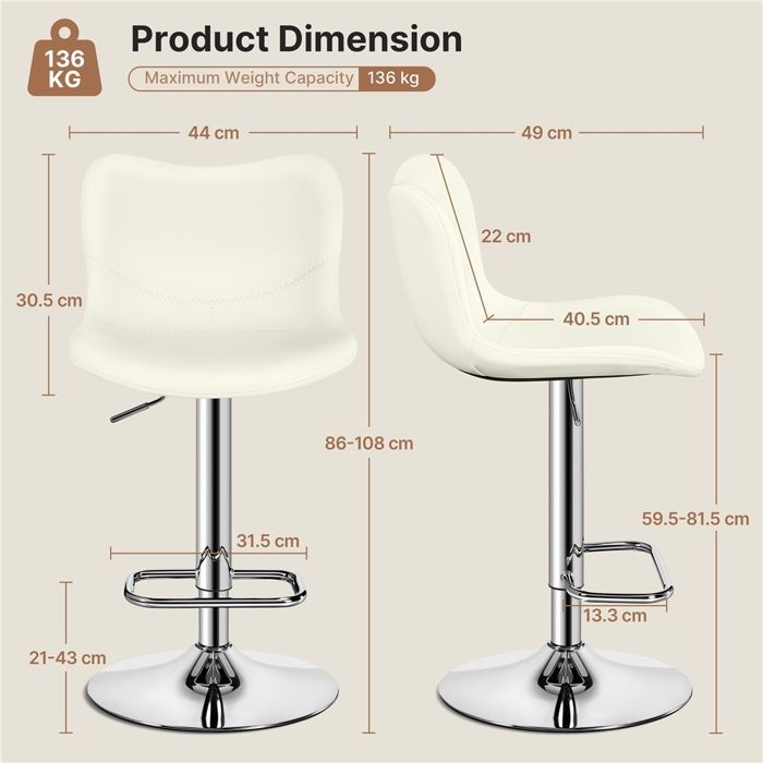 Yaheetech Lot de 2 Tabourets de Bar en Similicuir Polyuréthane Réglables en Hauteur avec Repose-pieds Blanc