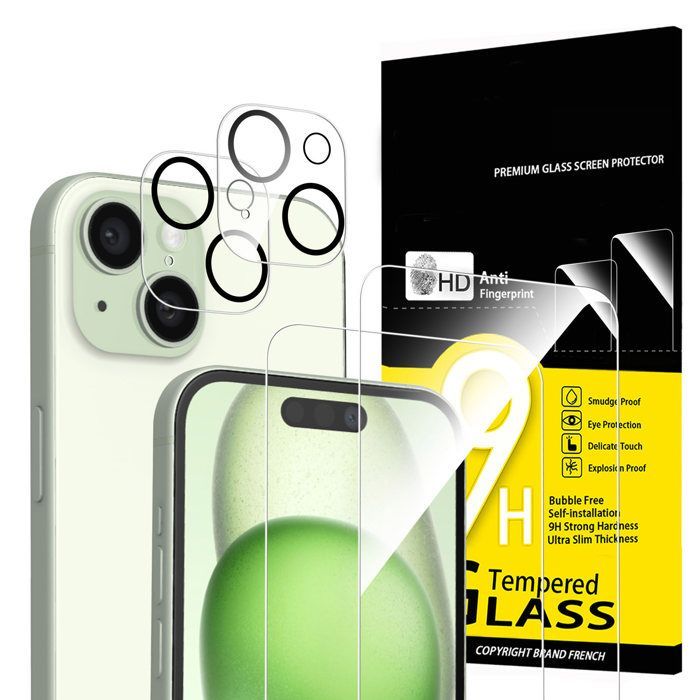 Paquete de 4: 2 protectores de pantalla de vidrio templado para iPhone 15 (6.1