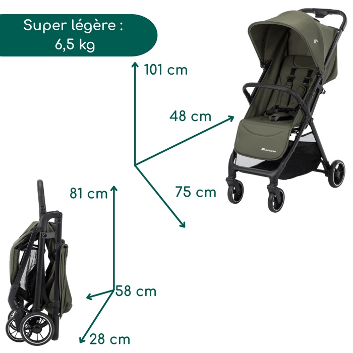 Bebeconfort Azur, compacte kinderwagen, 0-3 jaar (15 kg), automatisch inklapbaar met één hand, ruime boodschappenmand, mineraalgroen