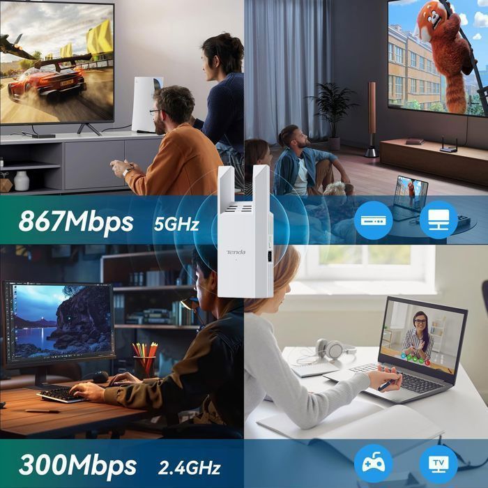 Tenda Répéteur WiFi Puissant A18 Pro, Amplificateur AC1200 Mbps(2.4GHz/5GHz), Port Ethernet Gigabit, Couverture jusqu’à 150 m²