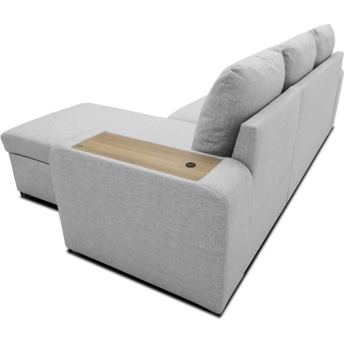 Canapé d'angle convertible réversible VALDO 3 à 4 places - Tissu Souris - Tablette avec USB - Coffre + Pouf - L247xP143xH86 cm