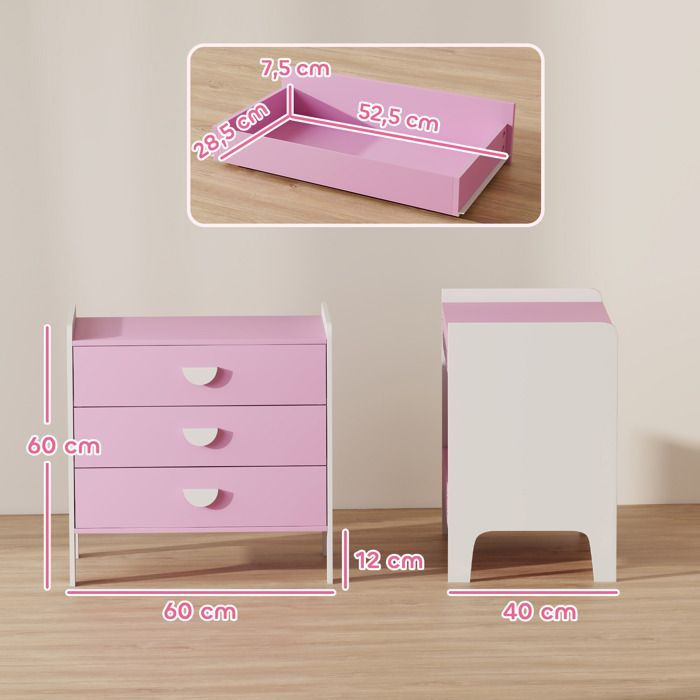 Cómoda infantil - AIYAPLAY - 3 cajones - para dormitorio infantil, guardería, sala de juegos - MDF - 60 x 40 x 60 cm - rosa