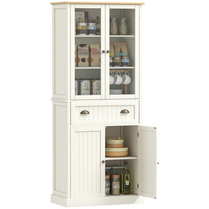 Kitchen sideboard - HOMCOM - storage unit with 4 doors (2 glass doors) and 1 drawer - wood - height 182.5 cm - beige