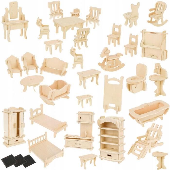 Meubles pour maisons de poupées - GENERIC - 34 pièces - Bois - À assembler - Mixte