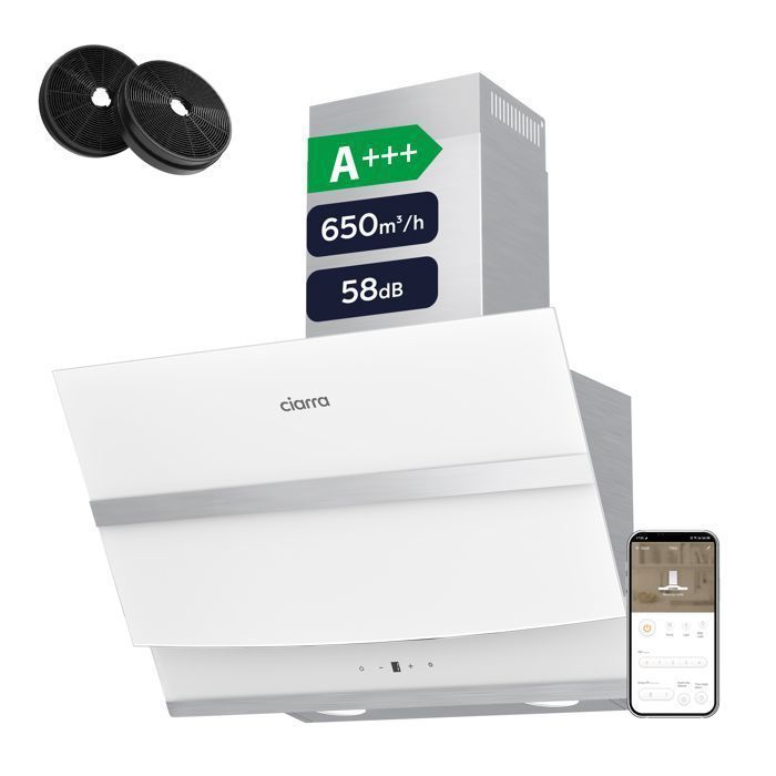 Campana extractora angular CIARRA de 60 cm, A+++, 650 m³/h, WiFi, 4 velocidades, control táctil, 58 dB – Recirculación o extracción + parada retardada - Blanca