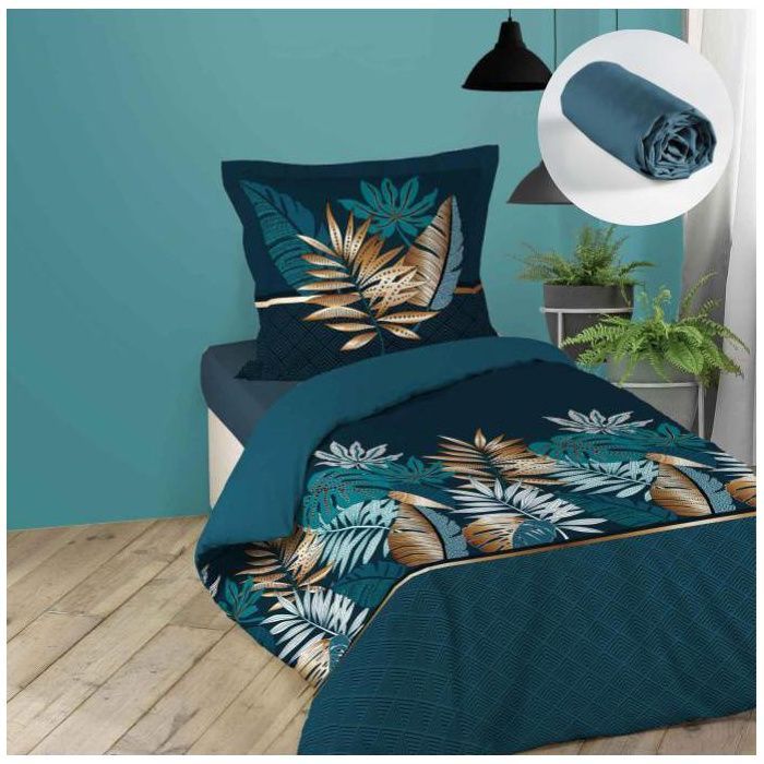 Pack parure de couette enfant 140x200 cm alianor + drap housse 90x190 bleu