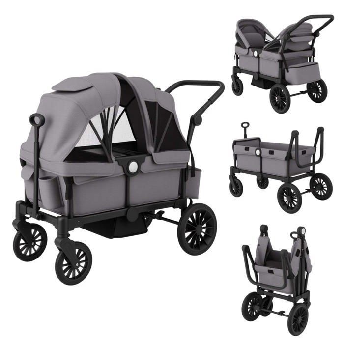 Poussette Double Jumelle Pliable COSTWAY-Poignée Réglable-2 Auvent Capote Amovible-Fenêtre avec Rabat-Plateau-repas 30kg Gris