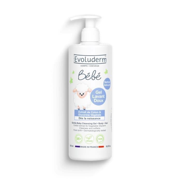 Gel Lavant Doux - EVOLUDERM - Bébé - 96% d'Ingrédients Naturels - 500ml - Végan