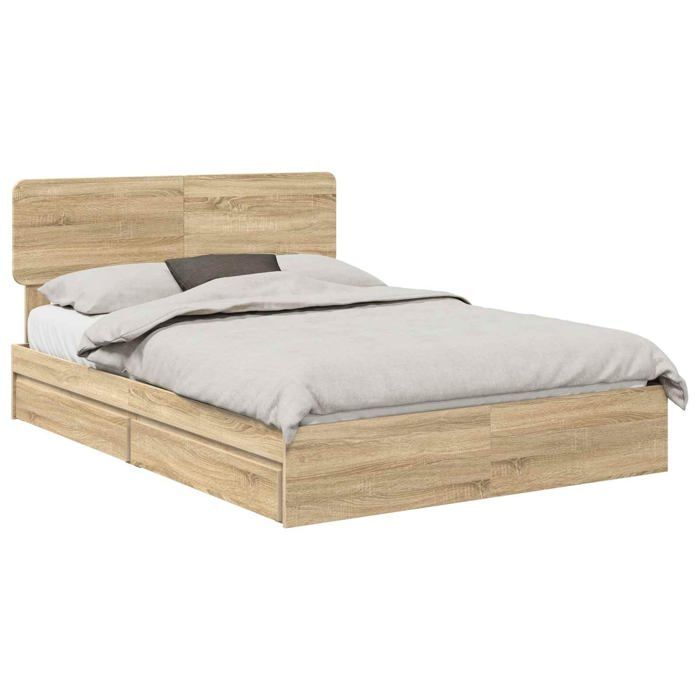 Cama con almacenamiento - vidaXL - Roble Sonoma - 140x190 cm - Madera de ingeniería - Con cajón - Estructura de láminas