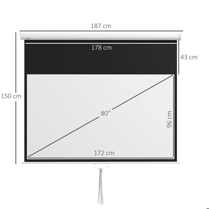 Écran de projection HOMCOM TV et Home Cinéma de 80 Pouces 16:9 4K HD, fixation mural ou plafond, 187 x 8 x 150 cm