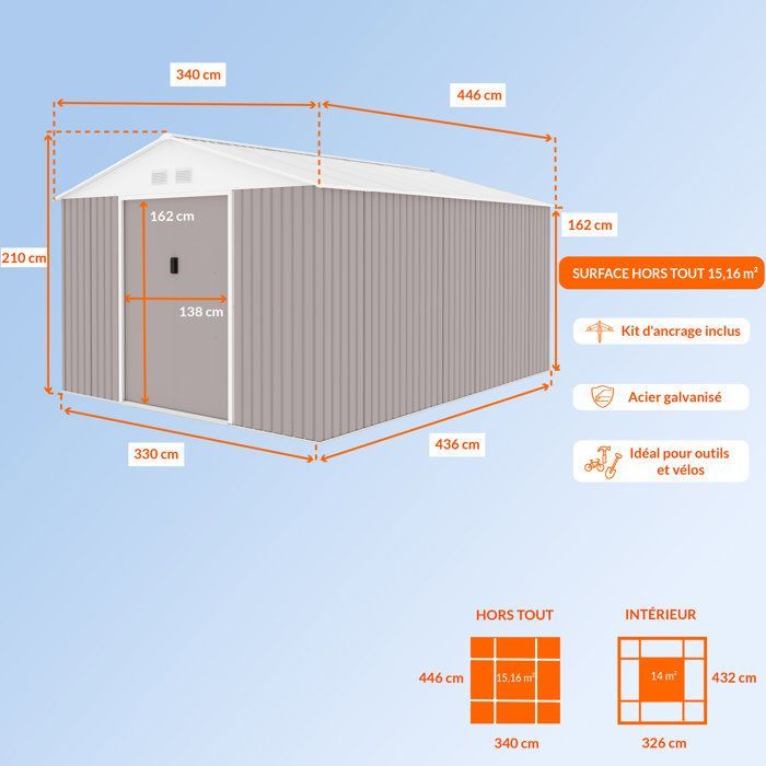 Abri de jardin en métal 15,16 m² - 340 x 446 x 210 - SATURNE - Kit d'ancrage inclus, 2 portes coulissantes - Taupe