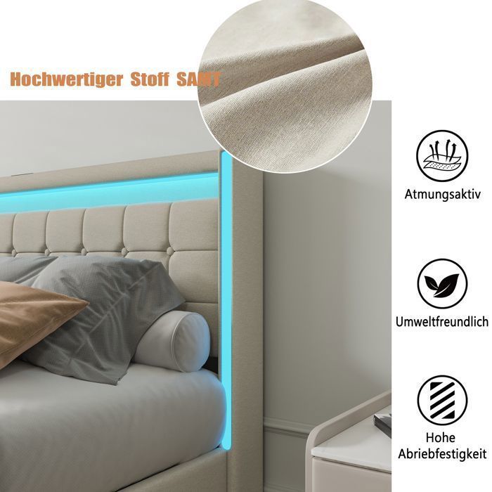 Lit double 160x200 cm avec sommier à lattes, tête de lit avec LED et USB, 4 tiroirs, tissu en lin, Lit capitonné 2 Personnes, beige