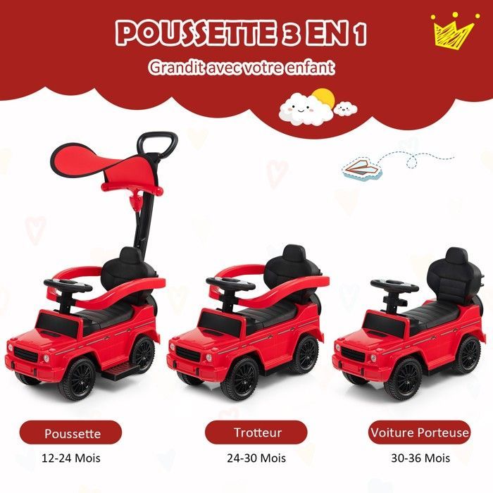Cochecito infantil DREAMADE Mercedes Benz con licencia oficial, para bebés de 12 a 36 meses, con manillar, capota ajustable, color rojo.