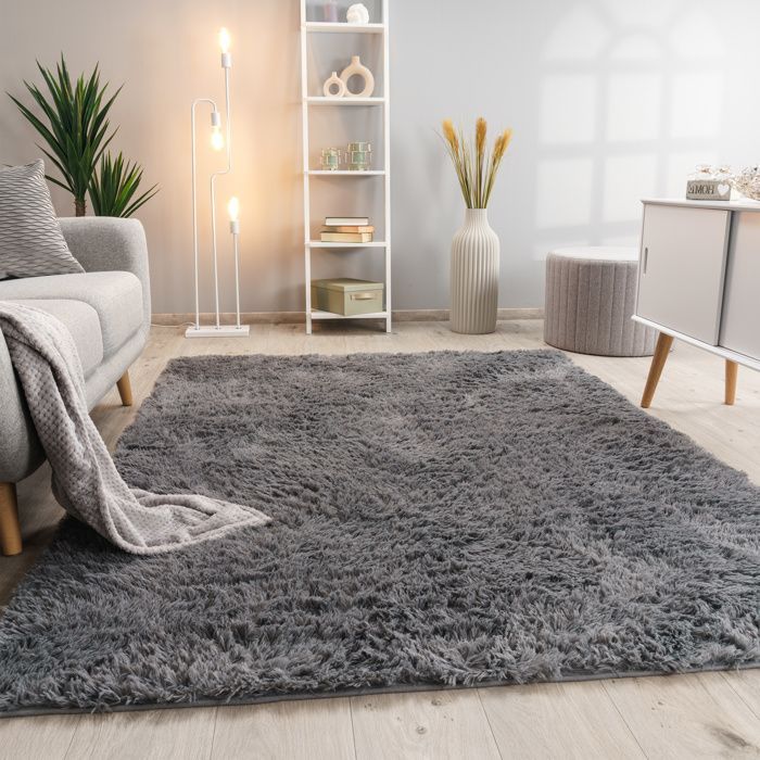Alfombra Paco Home de pelo largo y suave para salón, de piel sintética, suave y mullida, gris, 160x220 cm.