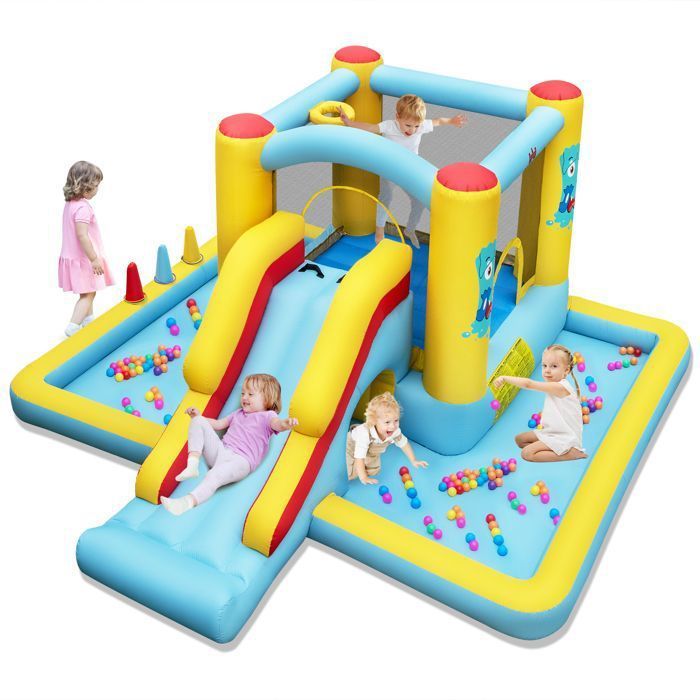 DREAMADE Château Gonflable Enfants avec Toboggan, Zone de Saut, Tunnel, Panier de Basket, Fosse a Balles, Jeu de Lancer d'Anneaux