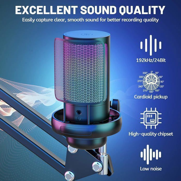 Condensateur Microphone, RGB 24 Bits/192 kHz, avec Filtre anti-pop/Muet/Gain/Moniteur/Bras Micro-Noir-pour PS4, Laptop, PS5,Mac OS