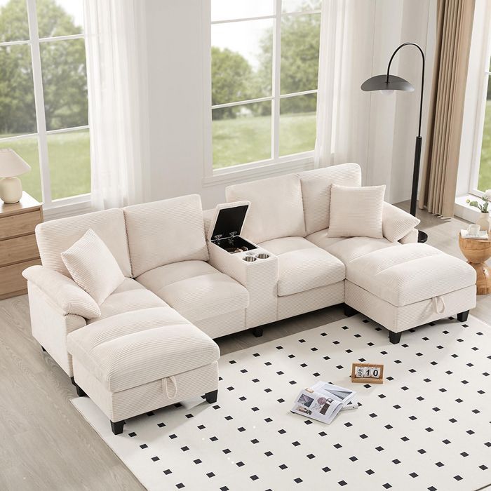 Canapé d'angle en U - Canapé 4 Places - USB - Espace de rangement - Porte-gobelets en Acier Inoxydable - Velours côtelé Beige