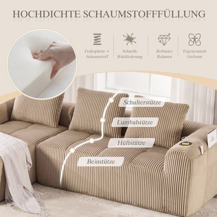 Canapé Modulable Convertible  3 Places en L avec Porte-Gobelets,Canapé d'angle Convertible en Velours Côtelé avec 3 Coussins,kaki