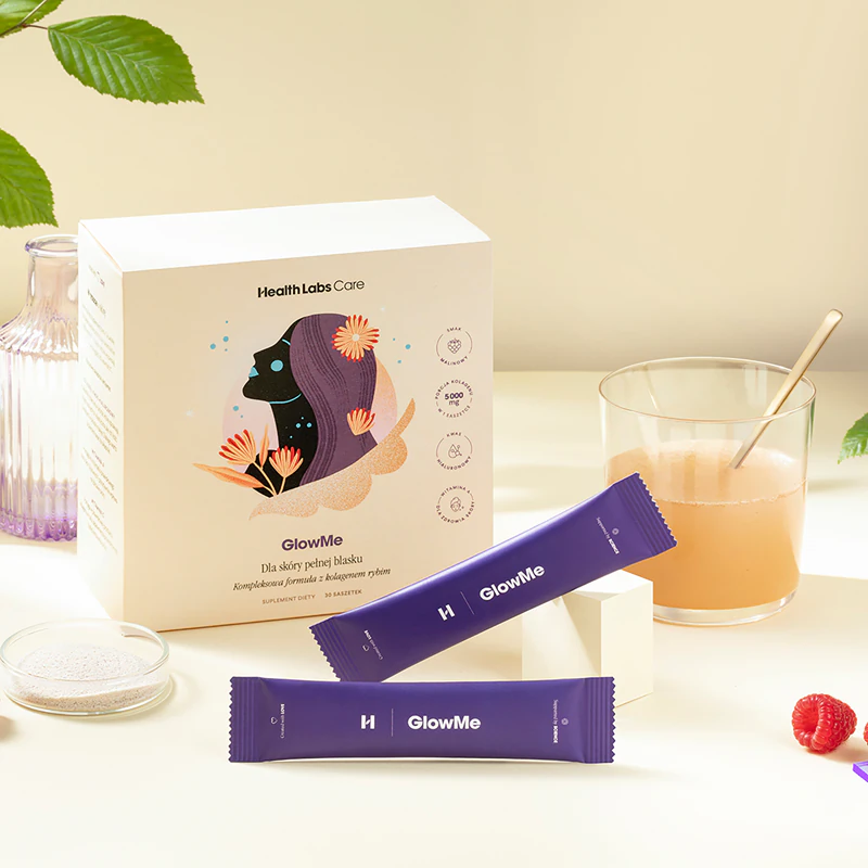 Sachês do suplemento alimentar GlowMe da Health Labs Care para cabelos, pele e unhas bonitos.