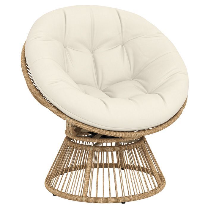 Silla Papasan giratoria 360° - Silla de jardín - Outsunny - Cojín suave de 12 cm - Poliratán y acero - Natural