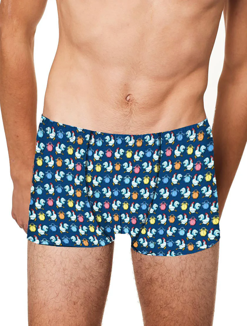 Onderbroek/boxershort met print van een mini-haantje en een wekker.