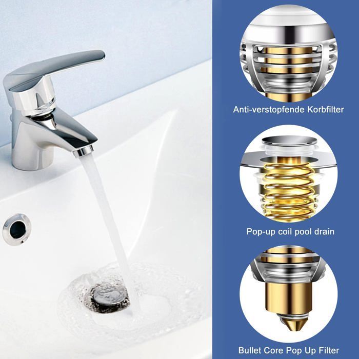 Desagüe automático universal para lavabo de 32–42 mm – paquete de 2, acero inoxidable y latón, filtro antiobstrucción