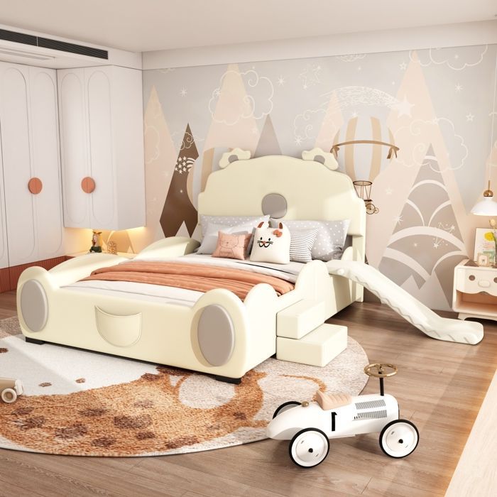 Cama infantil - MODERNLUXE - 140x200cm - Beige - Diseño de oso - Tobogán incluido