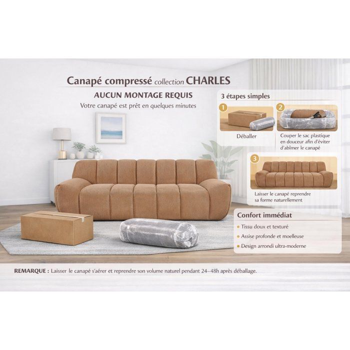 Canapé compressé - 4 places - CHARLES - Tissu Beige crème - 230 x 98 x 78 cm