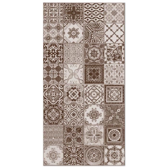 Nijar Brown Panoramic Vinyl Rug with Cement Tile Pattern, 80x150 cm - PVC Rug for Kitchen, Office and Living Room
