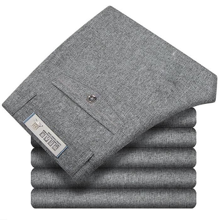 Pantalon Lin Homme Coupe Droite Respirant Couleur Unie Casual Pantalon Léger Taille Haute - Gris