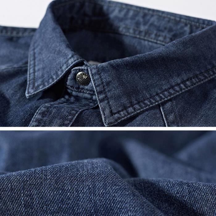 Camicia da uomo in denim a maniche lunghe, vestibilità regolare, con tasche, tinta unita, casual - Blu