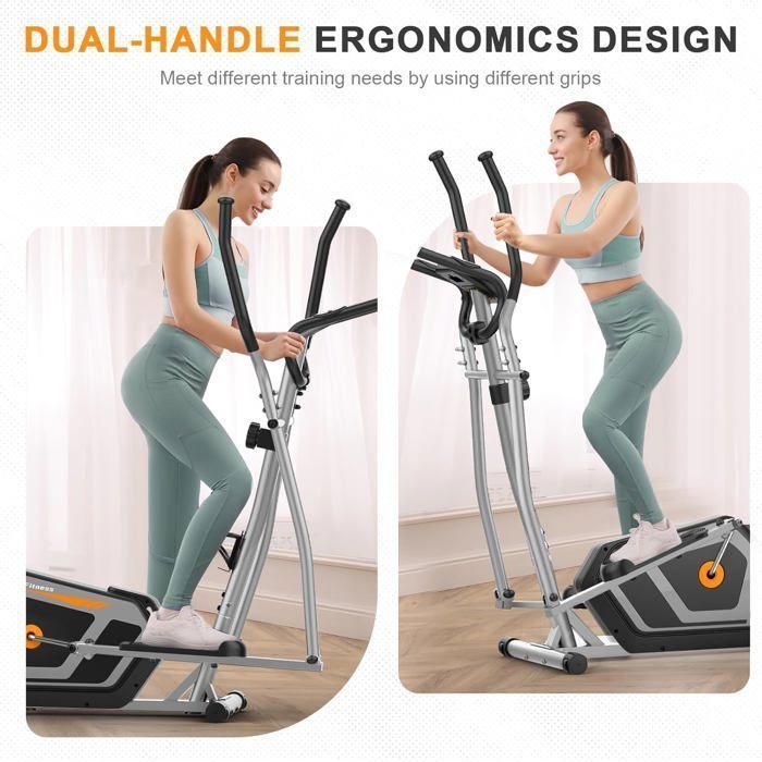Elíptica silenciosa 3 en 1, 16 niveles de resistencia, peso máximo 130 kg, pantalla LCD, compatible con aplicaciones, ideal para entrenamiento cardiovascular en casa, color plata/naranja.